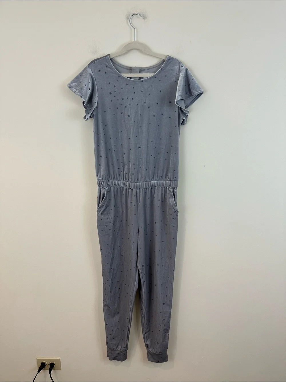 Gap Kids Sparkly Silver Velvet & Glittery Stars Jogger Jumpsuit Romper XL